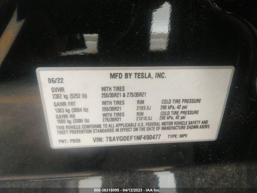 VIN 7SAYGDEF1NF490477 2022 TESLA MODEL Y PERFORMANCE