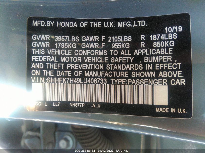 2020 HONDA CIVIC HATCHBACK SPORT - SHHFK7H49LU408733