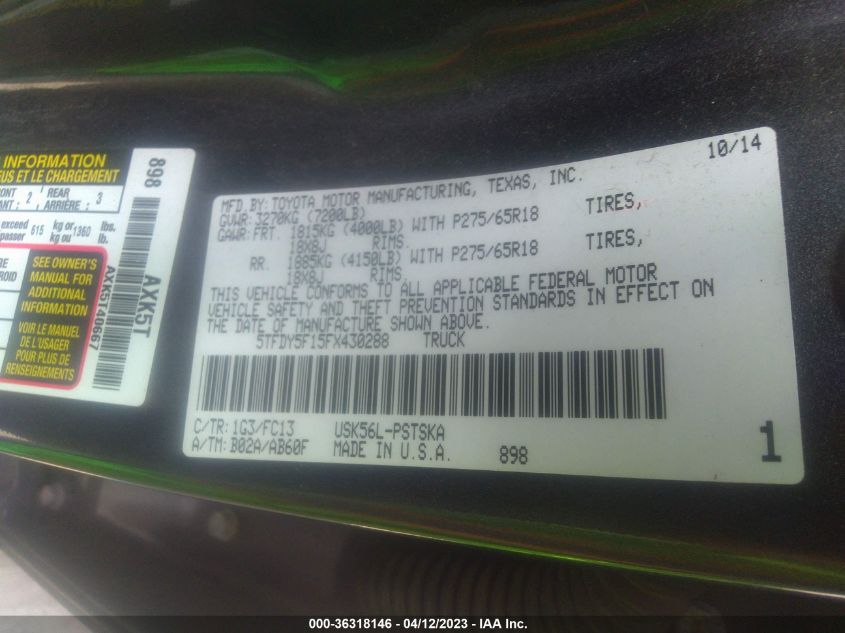2015 TOYOTA TUNDRA 4WD TRUCK SR5 - 5TFDY5F15FX430288