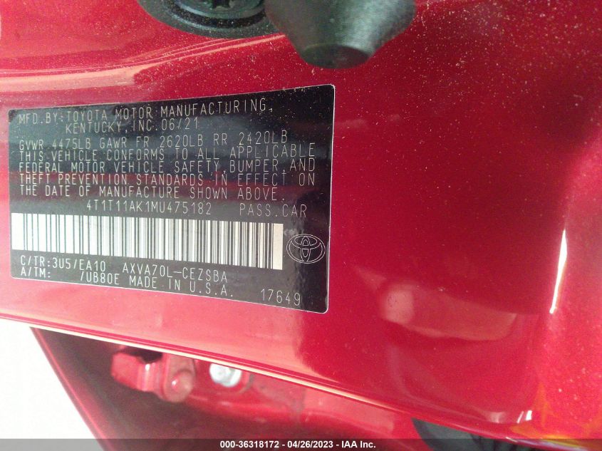 2021 TOYOTA CAMRY SE - 4T1T11AK1MU475182