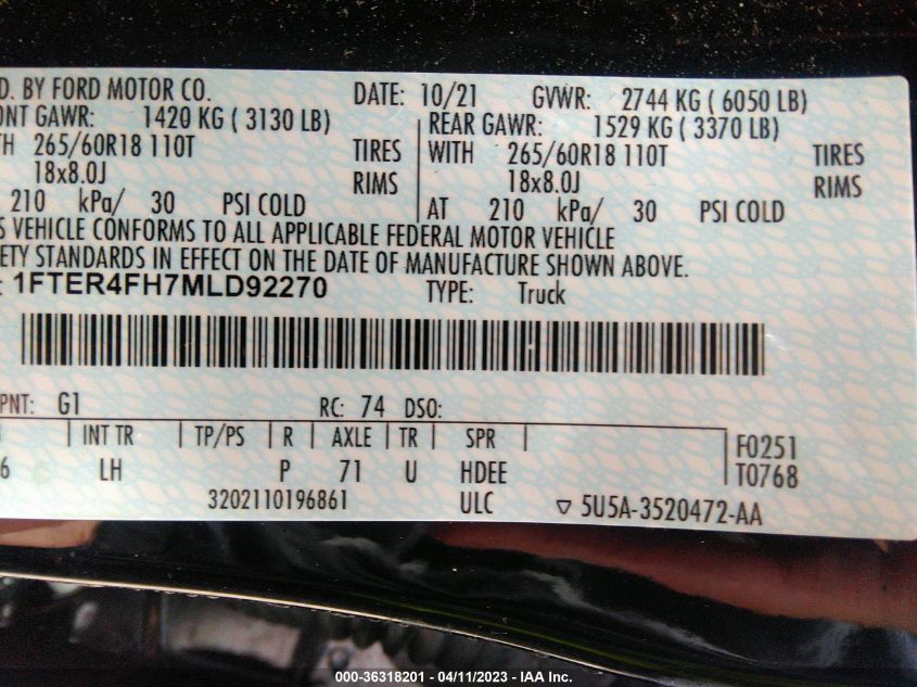 2021 FORD RANGER XL/XLT/LARIAT - 1FTER4FH7MLD92270