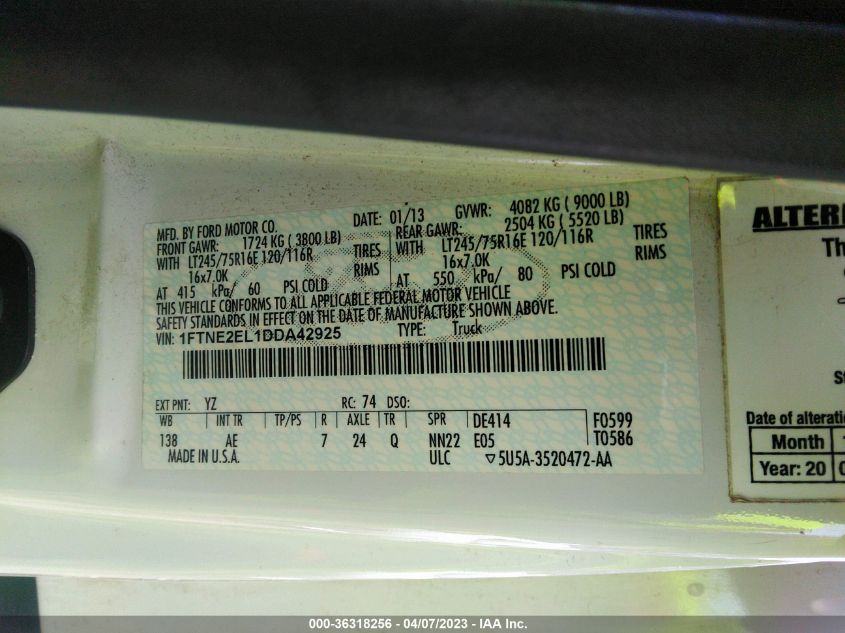 2013 FORD ECONOLINE CARGO VAN COMMERCIAL/RECREATIONAL 1FTNE2EL1DDA42925