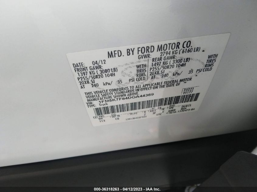 2013 FORD EXPLORER LIMITED - 1FM5K7F84DGA44369