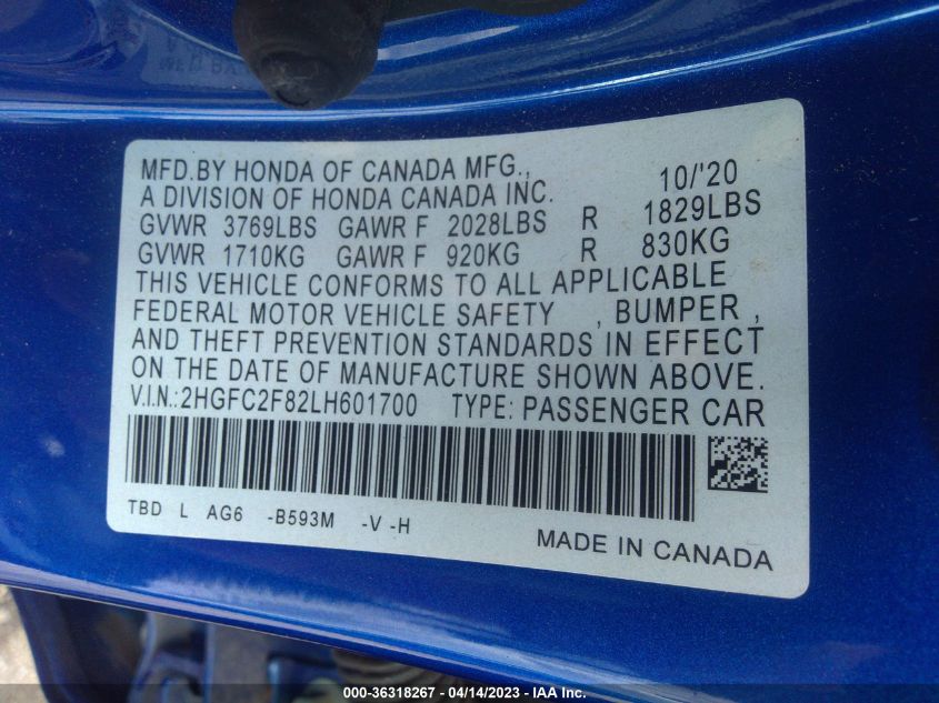 2020 HONDA CIVIC SEDAN SPORT - 2HGFC2F82LH601700