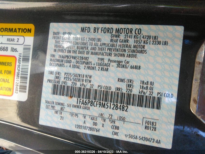 2021 FORD MUSTANG GT - 1FA6P8CF9M5128482