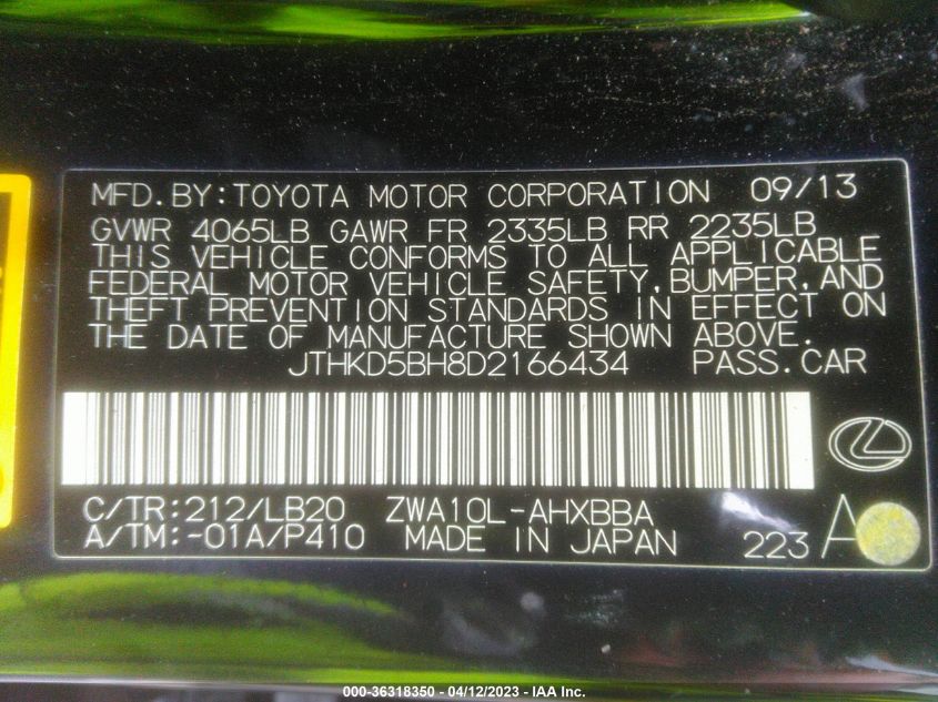 2013 LEXUS CT 200H HYBRID - JTHKD5BH8D2166434