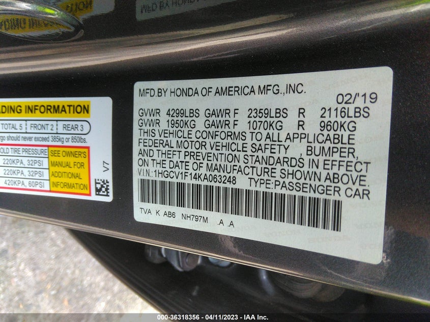 VIN 1HGCV1F14KA063248 2019 HONDA ACCORD SEDAN LX 1.5T