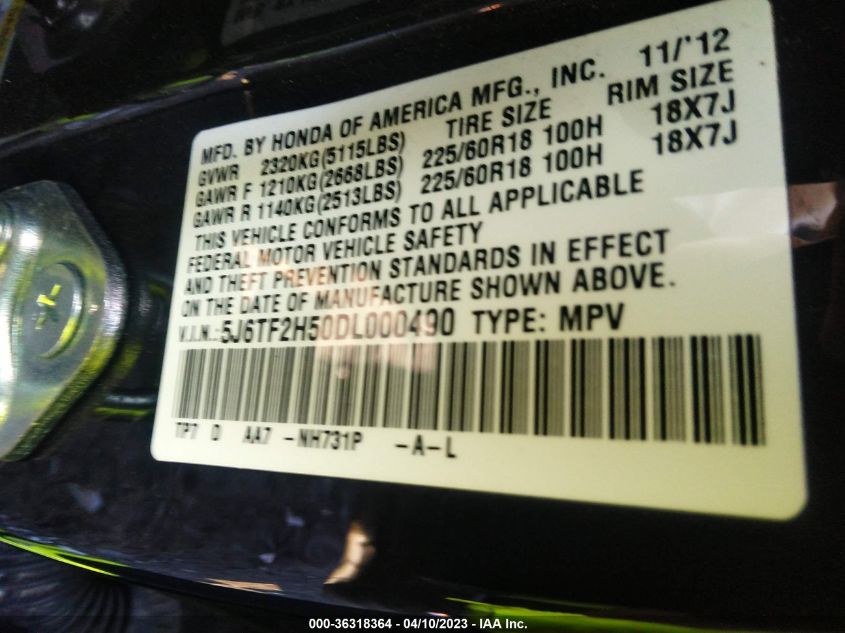 2013 HONDA CROSSTOUR EX-L - 5J6TF2H50DL000490
