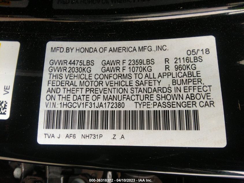 2018 HONDA ACCORD SEDAN SPORT 1.5T - 1HGCV1F31JA172380