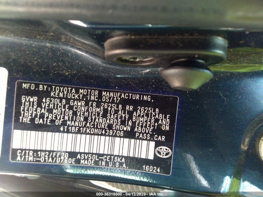 2017 TOYOTA CAMRY XLE/SE/LE/XSE - 4T1BF1FK0HU439706
