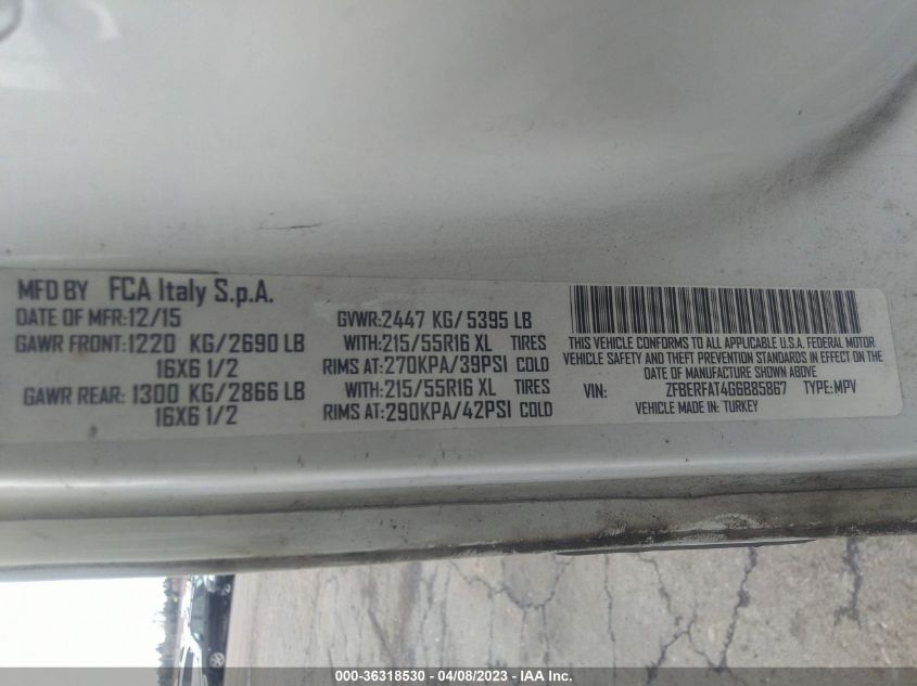 2016 RAM PROMASTER CITY CARGO VAN TRADESMAN ZFBERFAT4G6B85867