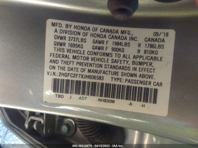 2018 HONDA CIVIC SEDAN EX - 2HGFC2F7XJH606583