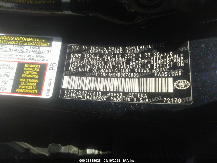 2013 TOYOTA CAMRY L/LE/SE/XLE - 4T1BF1FKXDU676889