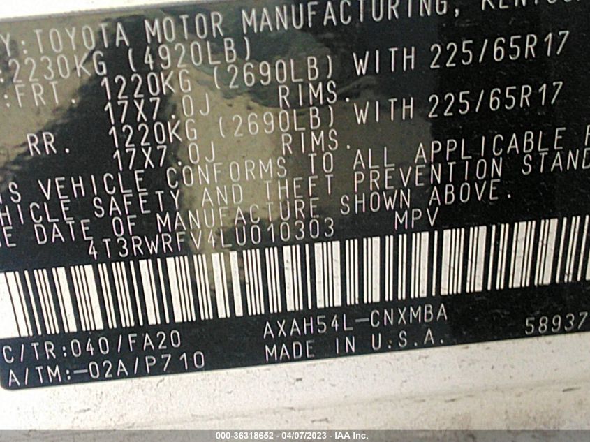 2020 TOYOTA RAV4 XLE/XSE - 4T3RWRFV4LU010303