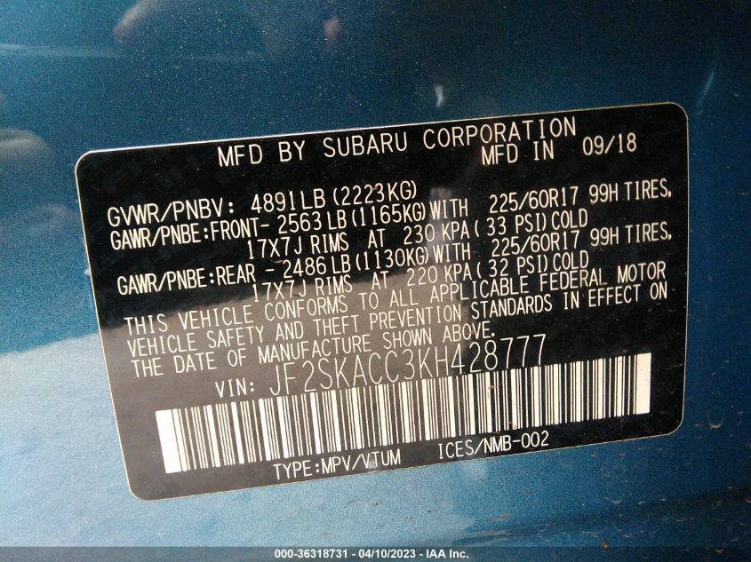 2019 SUBARU FORESTER - JF2SKACC3KH428777