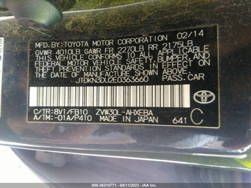 2014 TOYOTA PRIUS FOUR/FIVE/THREE/ONE/TWO - JTDKN3DU2E0363660