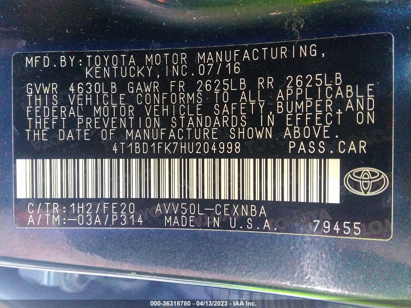 2017 TOYOTA CAMRY HYBRID - 4T1BD1FK7HU204998