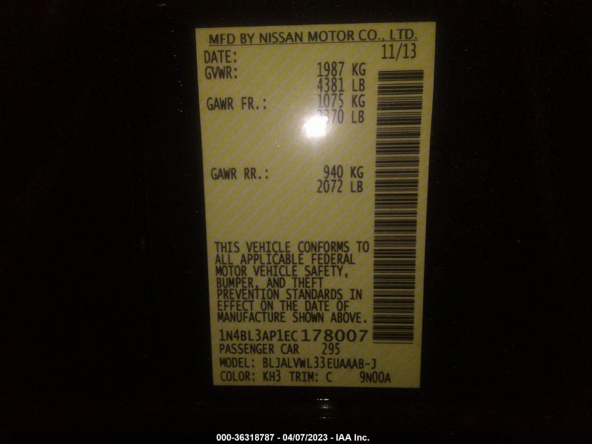 2014 NISSAN ALTIMA 3.5 SL - 1N4BL3AP1EC178007