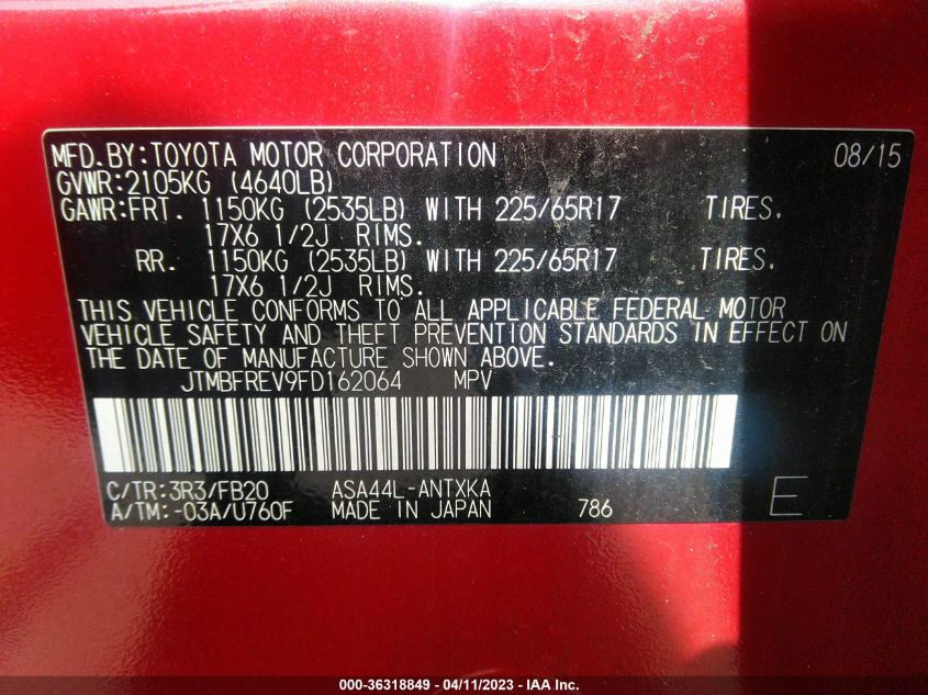 2015 TOYOTA RAV4 LE - JTMBFREV9FD162064