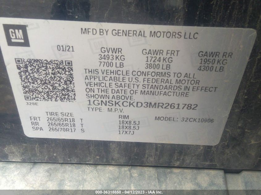 2021 CHEVROLET SUBURBAN LT - 1GNSKCKD3MR261782