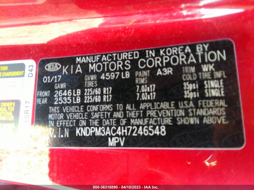 VIN KNDPM3AC4H7246548 2017 KIA SPORTAGE LX