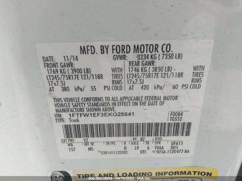 2014 FORD F-150 XL/XLT/STX/FX4/LARIAT - 1FTFW1EF3EKG25841