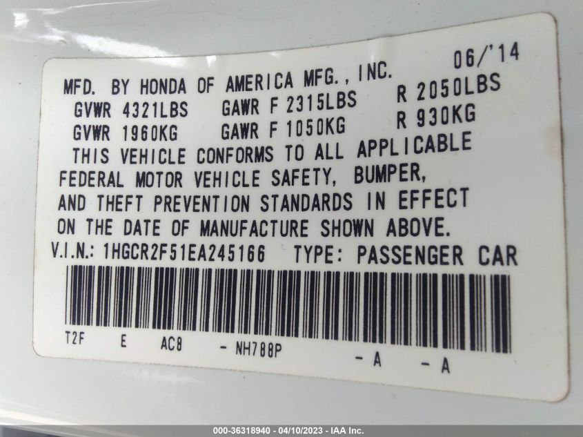 2014 HONDA ACCORD SEDAN SPORT - 1HGCR2F51EA245166