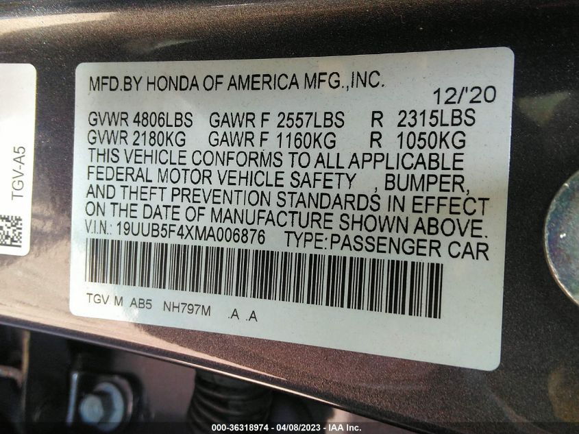 2021 ACURA TLX W/TECHNOLOGY PACKAGE - 19UUB5F4XMA006876