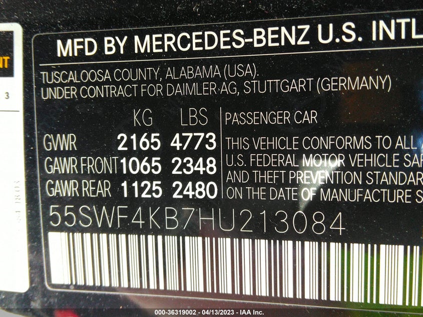 VIN 55SWF4KB7HU213084 2017 MERCEDES-BENZ C-CLASS C 300