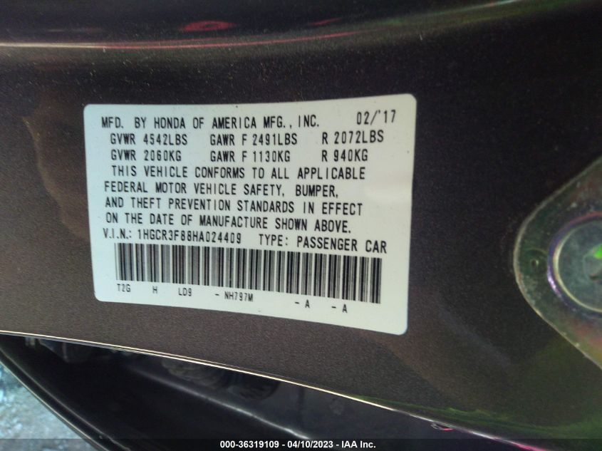 2017 HONDA ACCORD SEDAN EX-L V6 - 1HGCR3F88HA024409