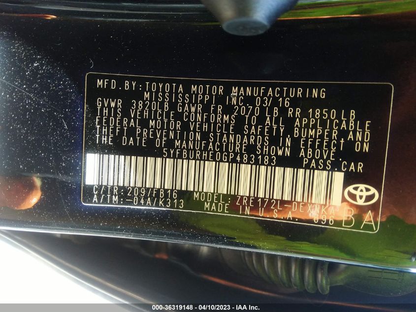 2016 TOYOTA COROLLA L/LE/S/S PLUS/LE PLUS - 5YFBURHE0GP483183