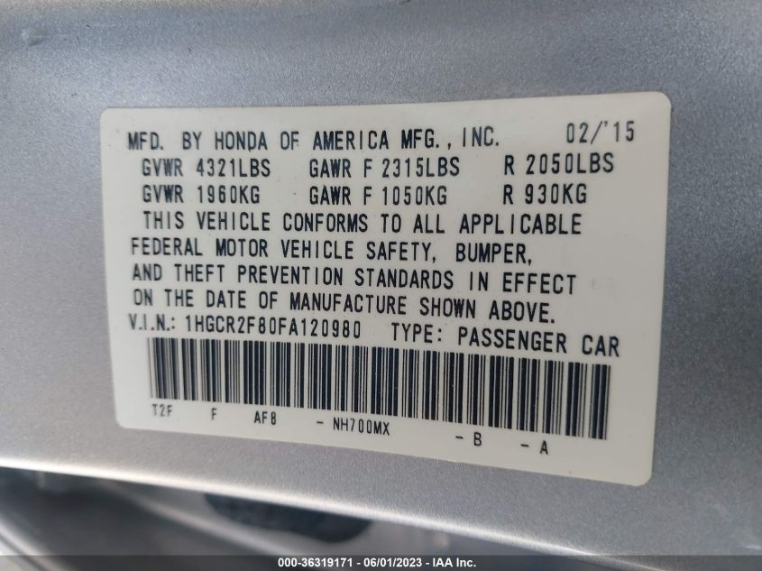 2015 HONDA ACCORD SEDAN EX-L - 1HGCR2F80FA120980