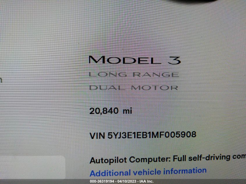 2021 TESLA MODEL 3 LONG RANGE - 5YJ3E1EB1MF005908