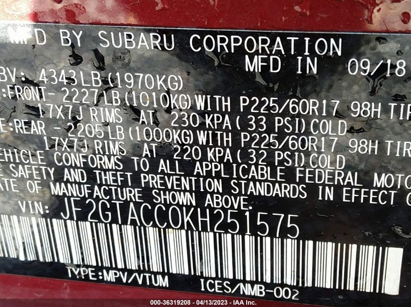 2019 SUBARU CROSSTREK PREMIUM - JF2GTACC0KH251575