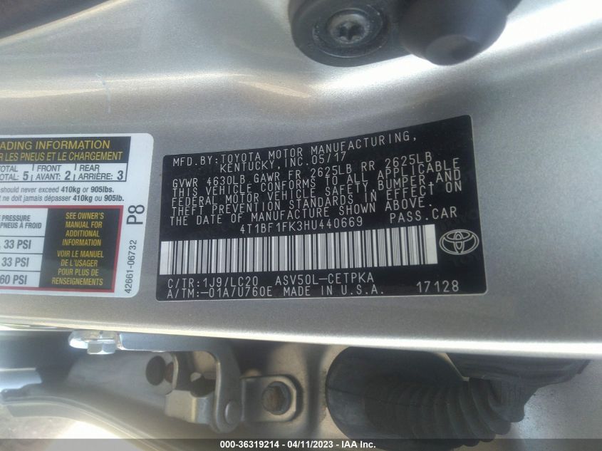 2017 TOYOTA CAMRY XLE/SE/LE/XSE - 4T1BF1FK3HU440669