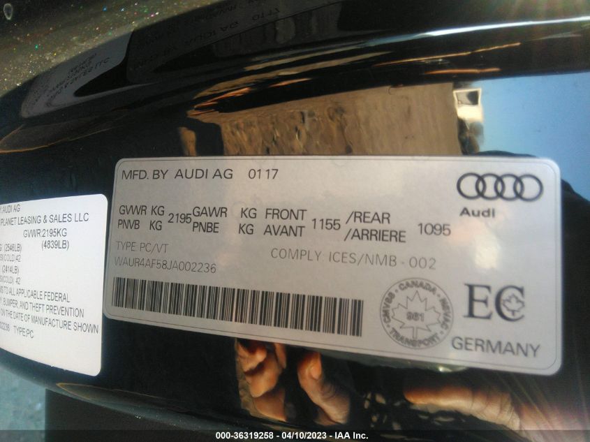 2018 AUDI S5 COUPE PRESTIGE WAUR4AF58JA002236