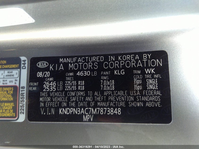 VIN KNDPN3AC7M7873848 2021 KIA SPORTAGE EX