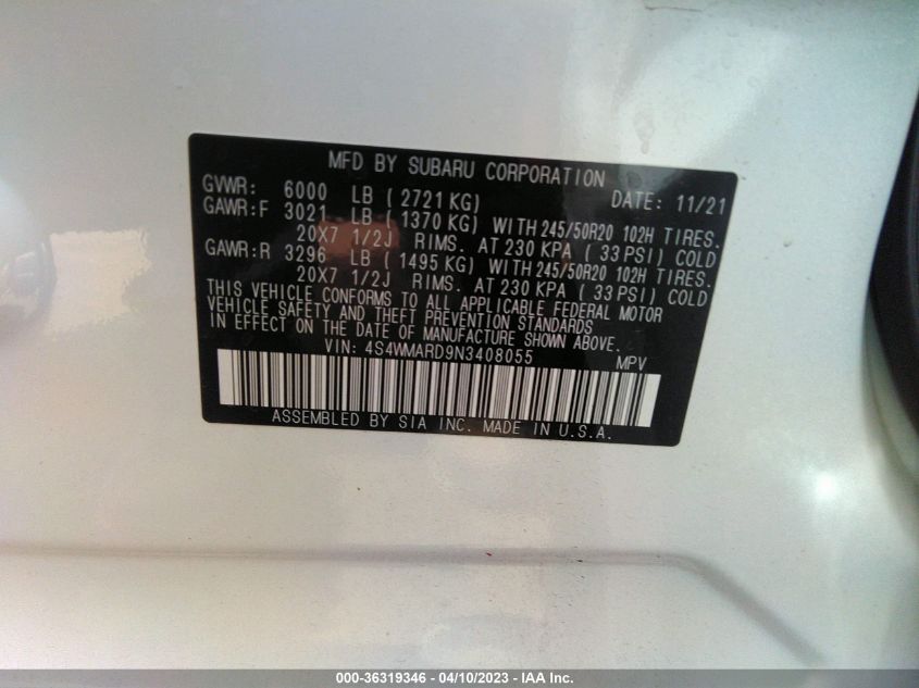 2022 SUBARU ASCENT TOURING - 4S4WMARD9N3408055