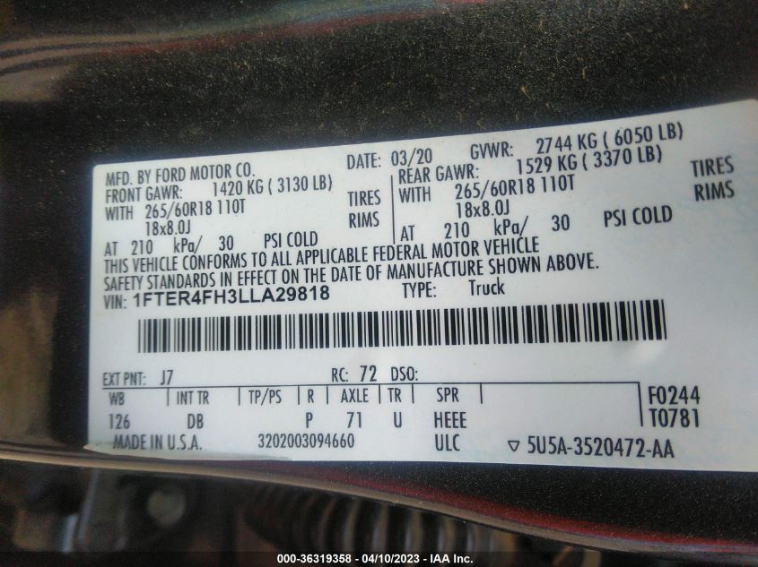 2020 FORD RANGER XL/XLT/LARIAT - 1FTER4FH3LLA29818