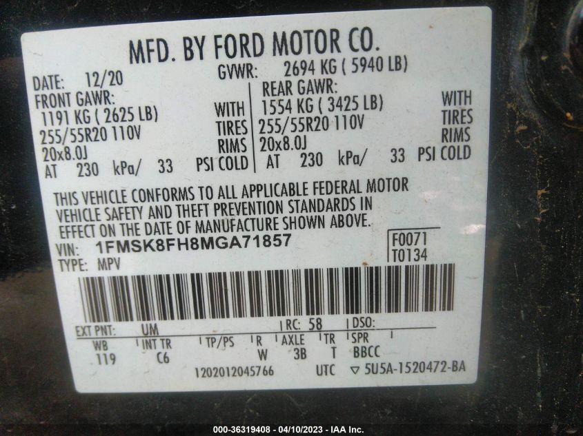 2021 FORD EXPLORER LIMITED - 1FMSK8FH8MGA71857