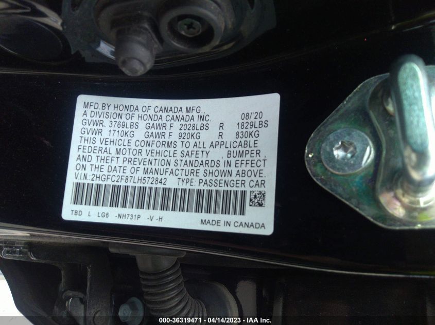 2020 HONDA CIVIC SEDAN SPORT - 2HGFC2F87LH572842
