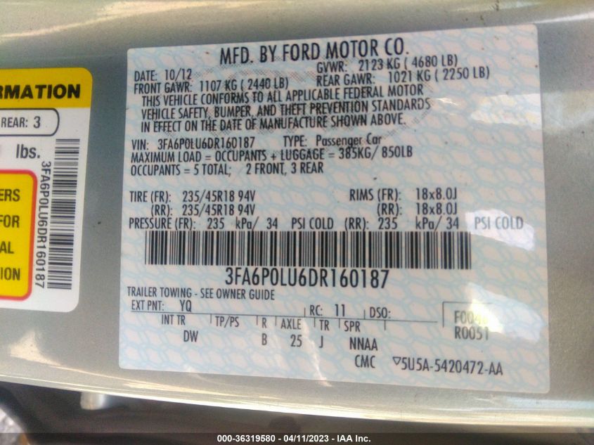 2013 FORD FUSION SE HYBRID - 3FA6P0LU6DR160187