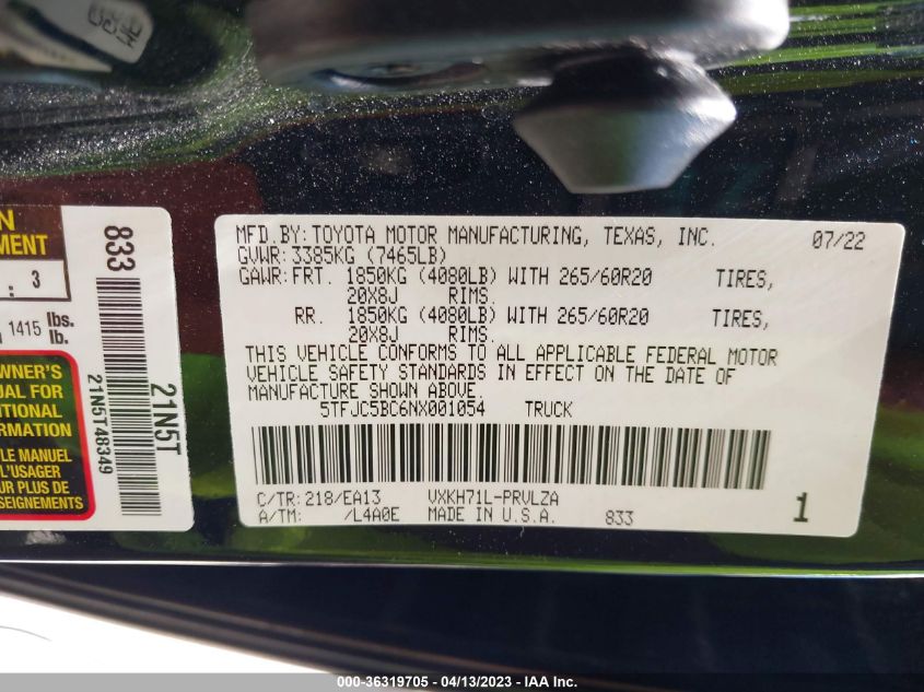 2022 TOYOTA TUNDRA 2WD LIMITED HYBRID - 5TFJC5BC6NX001054