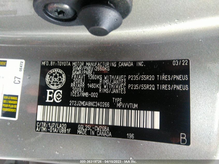 2022 LEXUS RX RX 350 - 2T2JZMDA8NC340266