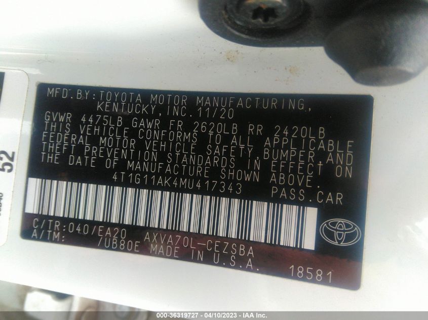 2021 TOYOTA CAMRY SE - 4T1G11AK4MU417343