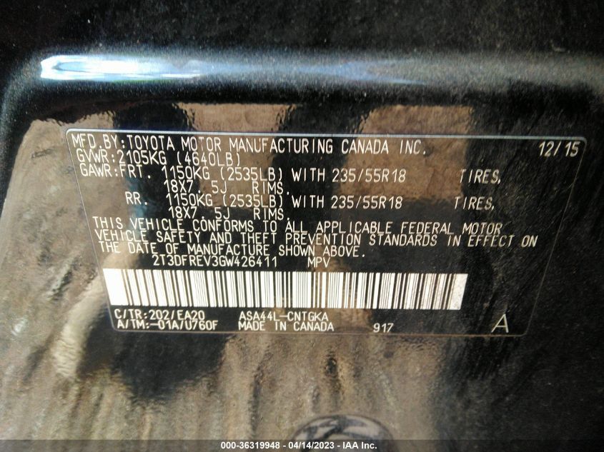 2016 TOYOTA RAV4 LIMITED - 2T3DFREV3GW426411