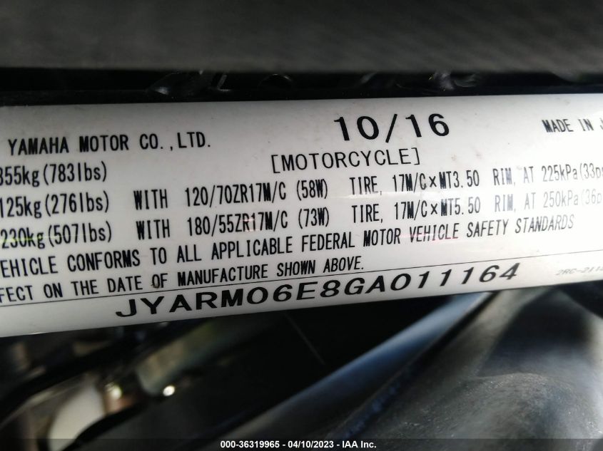 2016 YAMAHA FZ07 JYARM06E8GA011164
