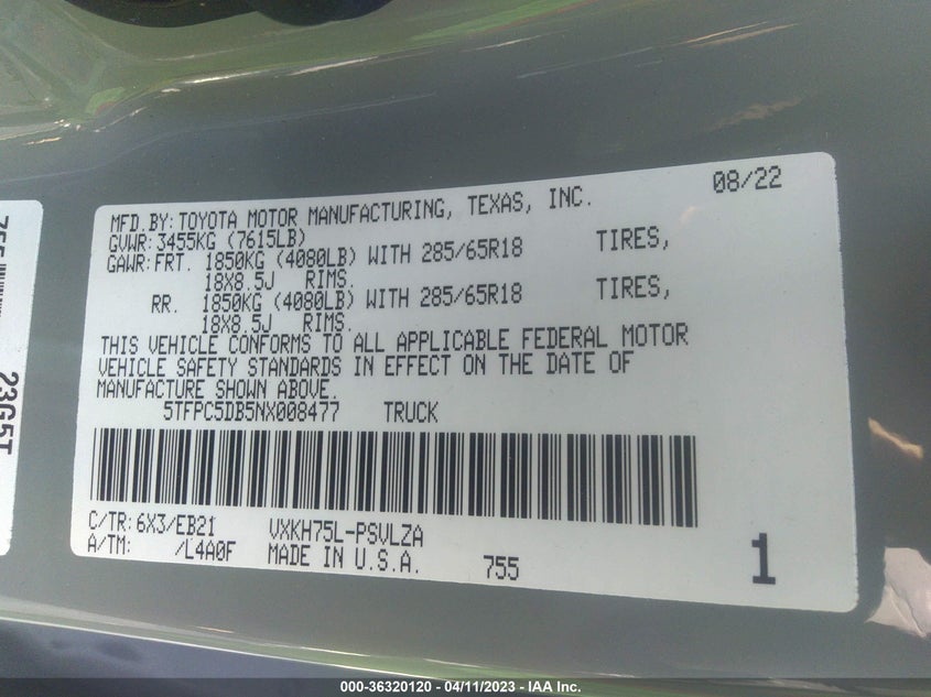 VIN 5TFPC5DB5NX008477 2022 TOYOTA TUNDRA 4WD TRD PRO HYBRID