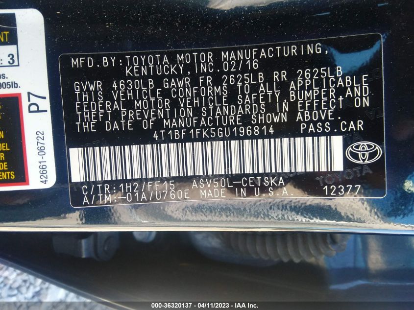 2016 TOYOTA CAMRY XLE/SE/LE/XSE - 4T1BF1FK5GU196814