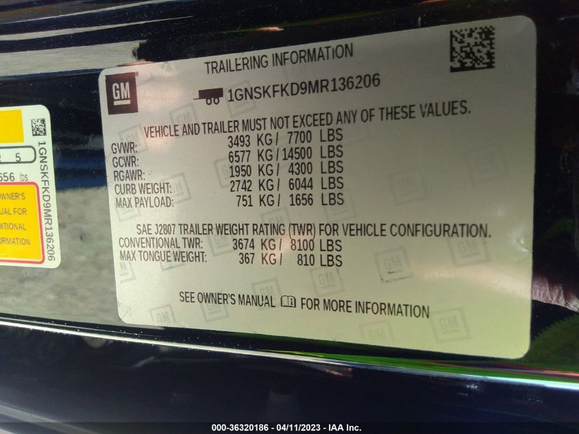 2021 CHEVROLET SUBURBAN PREMIER - 1GNSKFKD9MR136206